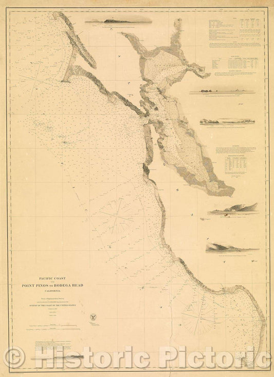 Historic Map : Pacific Coast from Point Pinos to Bodega Head, California from a trigonometrical survey, 1866 , Vintage Wall Art