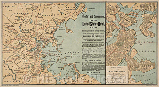 Historic Map : New Pocket Map of Boston and Surrounding Country. Engraved Expressly for the Guests of the United States Hotel, 1889 , Vintage Wall Art