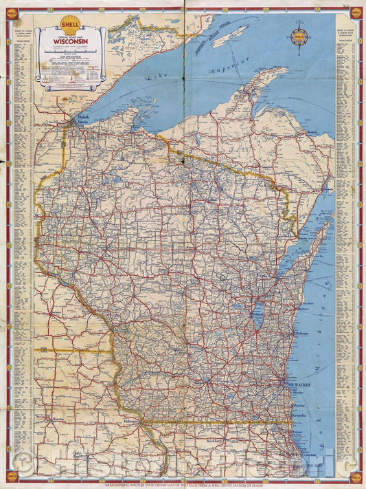 Historic Map : Official Road Map Wisconsin, 1935 , Vintage Wall Art