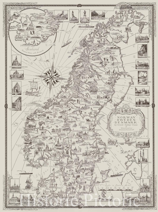Historic Map : Norway, Sweden, Denmark by Ernest Dudley Chase, 1937 , Vintage Wall Art