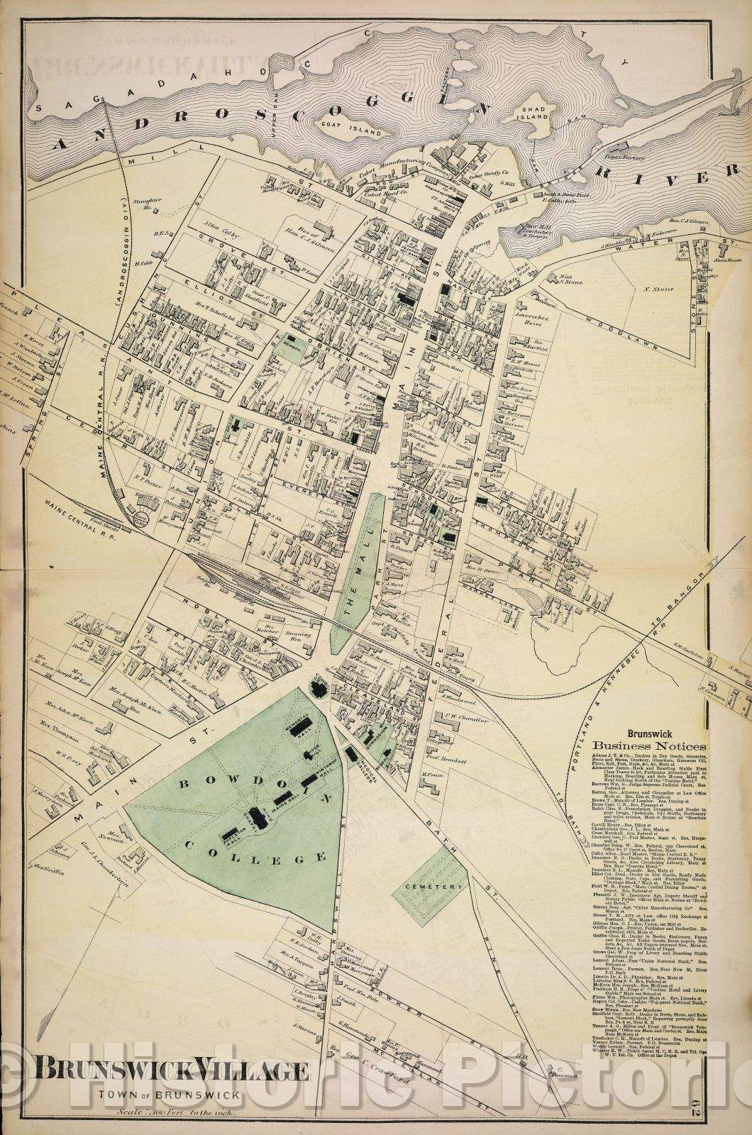 Historic Map : Brunswick Village Town of Brunswick from Cumberland County Atlas, 1871 , Vintage Wall Art