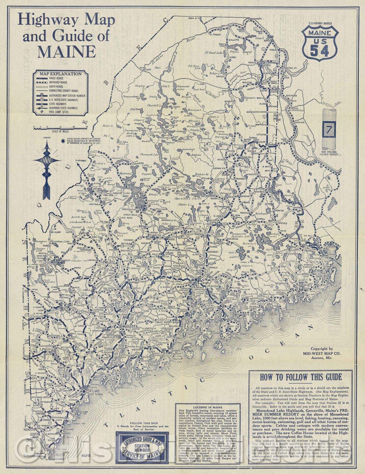 Historic Map : Highway Map and Guide of Maine, 1928 , Vintage Wall Art