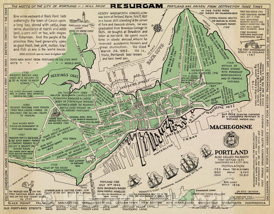 Historic Map : Portland also called Falmouth first settled 1632 chartered as a city 1832, 1932 , Vintage Wall Art