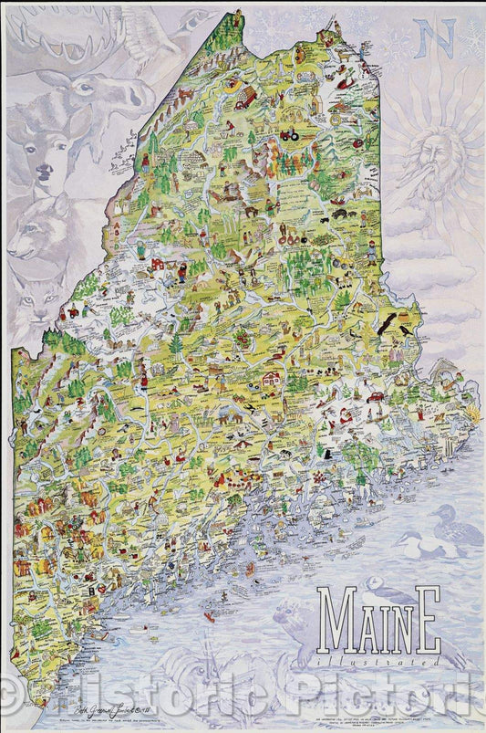 Historic Map : Maine Illustrated, 1988 , Vintage Wall Art