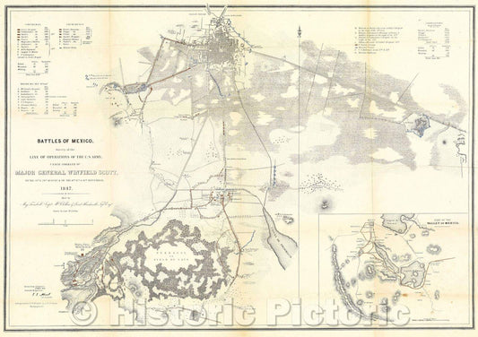 Historic Map : Battles of Mexico.  Survey of the Lines of Operations of the U.S. Army under command of General Winfield Scott, 1848 , Vintage Wall Art