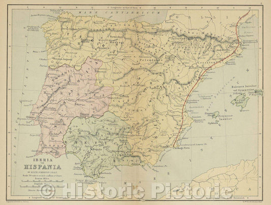 Historic Map : Iberia vel Hispania, 1875 , Vintage Wall Art