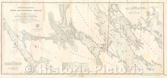 Historic Map : Inside Passage between Bath and Boothbay Harbor, 1884 , Vintage Wall Art