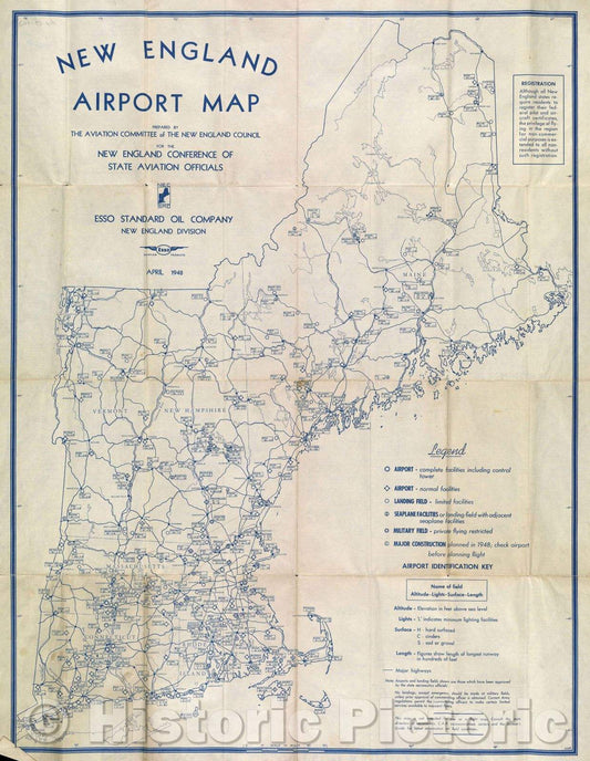 Historic Map : New England Airport Map, 1948 , Vintage Wall Art