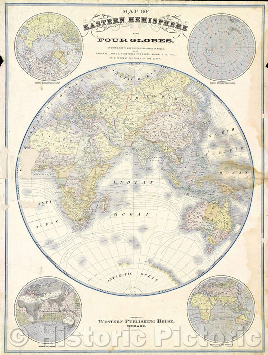 Historic Map : Sheet from Yaggy's  Geographical Study: "Map of Eastern Hemisphere with Four Globes", 1887 , Vintage Wall Art
