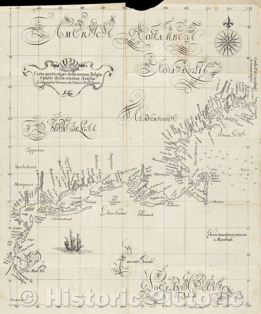 Historic Map : Carta particolare della nuoua Belgia e parte della nuoua Anglia : La longitudine Cominca da l'Isola di Pico d'Asores, 1899 , Vintage Wall Art