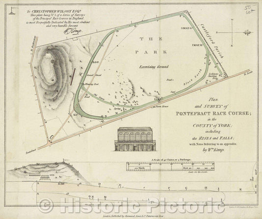 Historic Map : Plan and Survey of Pontefract Race Course; in the County of York including the Rises and Falls; with Notes Referring to an appendix, by Wm. Kemp., 1825 , Vintage Wall Art