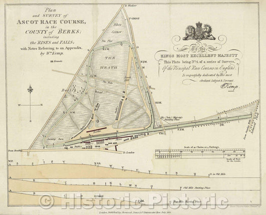 Historic Map : Plan and Survey of Ascot Race Course in the County of Berks; including the Rises and Falls; with Notes Referring to an Appendix by Wm. Kemp., 1824 , Vintage Wall Art