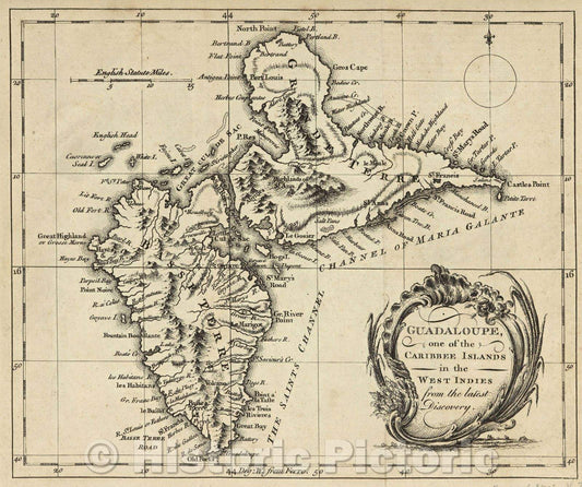 Historic Map : Guadaloupe, one of the Caribee Islands in the West Indies from the latest Discovery, 1759 , Vintage Wall Art