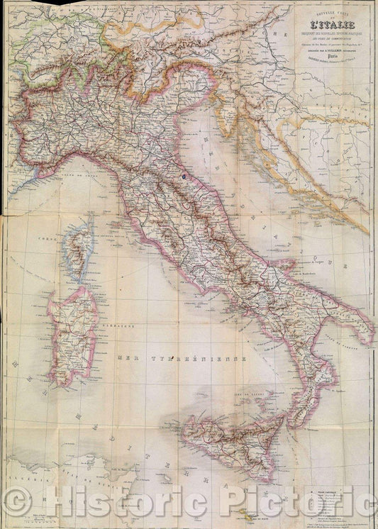 Historic Map : Nouvelle Carte de l'Italie  indiquant ses nouvelle divisions politiques, ses voies de communication, chemins de fer, routes et parcours de Paqubots, 1861 , Vintage Wall Art