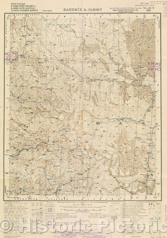 Historic Map : Kashmir and Jammu, 1943 , Vintage Wall Art , v2