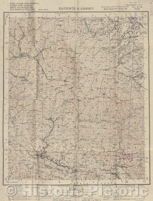 Historic Map : Kashmir and Jammu, 1943 , Vintage Wall Art