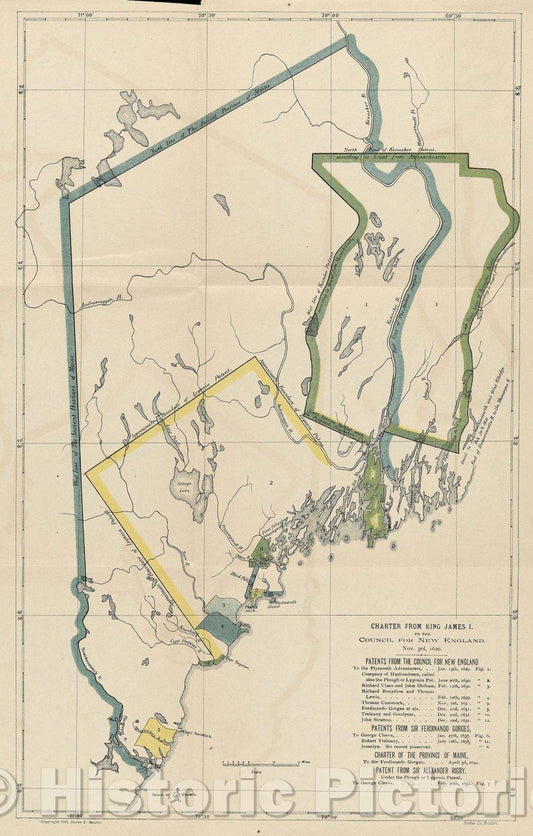 Historic Map : Charter from King James I to the council for New England : Nov. 3rd, 1620., 1885 , Vintage Wall Art