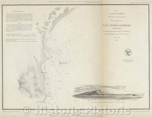Historic Map : Reconnaissance of San Pedro Harbor, California U.S. Coast Survey by the Hydrographic Party under the command of Lieut. Comdg. James Alden, U.S.N., 1852 , Vintage Wall Art
