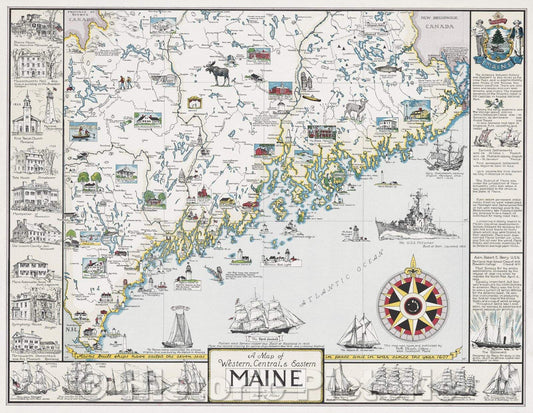 Historic Map : Map of Western, Central, and Eastern Maine, 1952 , Vintage Wall Art