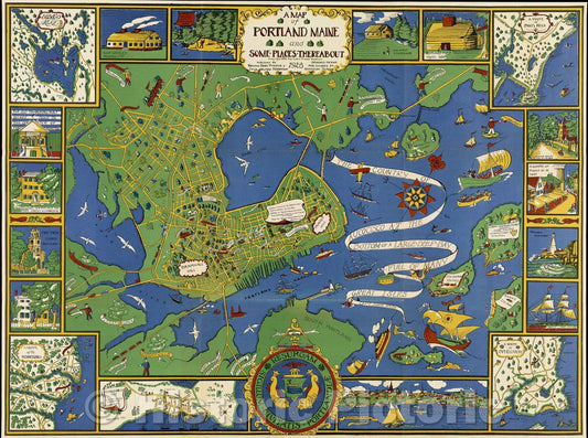 Historic Map : A Map of Portland Maine and some places thereabout 1928 Copyright 1928 The Tudor Press Boston Published by Portland Baby Hygiene and Child Welfare Ass, 1928 , Vintage Wall Art