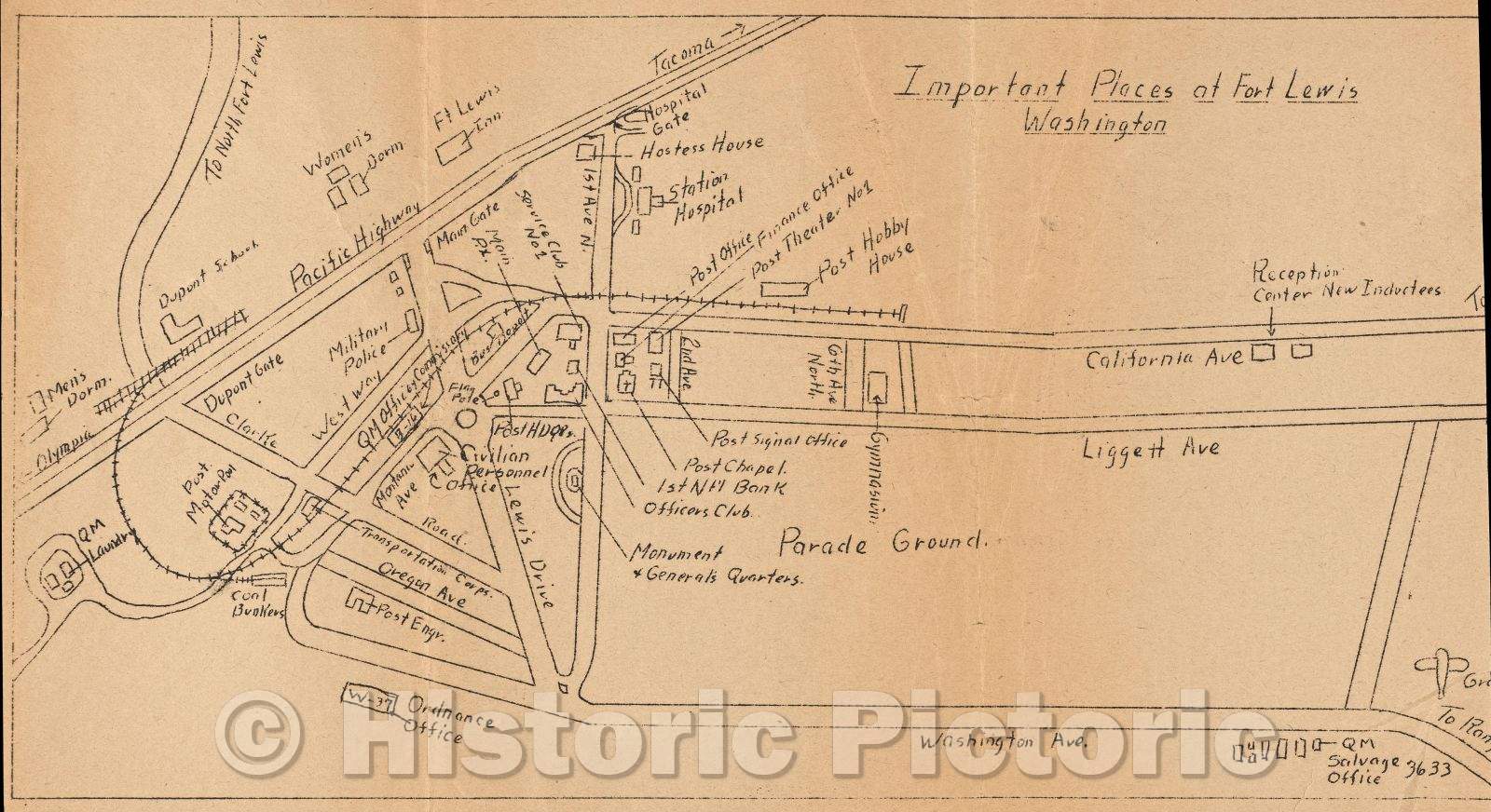 Historic Map : Important Places of Fort Lewis Washington, c. 1910 , Vintage Wall Art