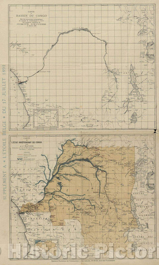 Historic Map : Carte De Bassin Du Congo; Carte De L'etat Independent Du Congo, 1891 , Vintage Wall Art , v2