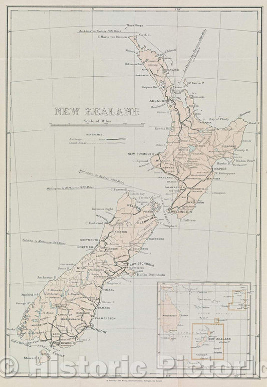 Historic Map : New Zealand, 1906 , Vintage Wall Art
