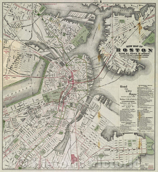 Historic Map : New map of Boston giving all points of interest : with every railway and steamboat terminus, prominent hotels theatres and public buildings, 1883 , Vintage Wall Art , v2