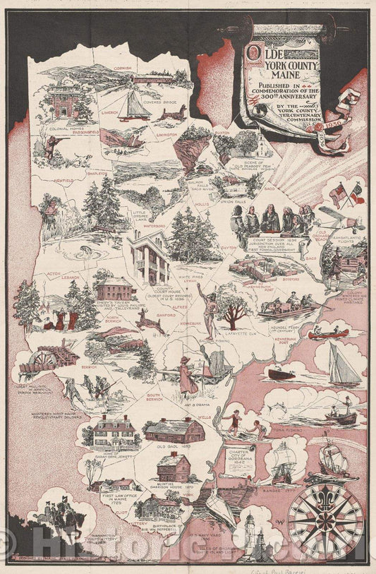 Historic Map : Olde York County Maine, 1936 , Vintage Wall Art