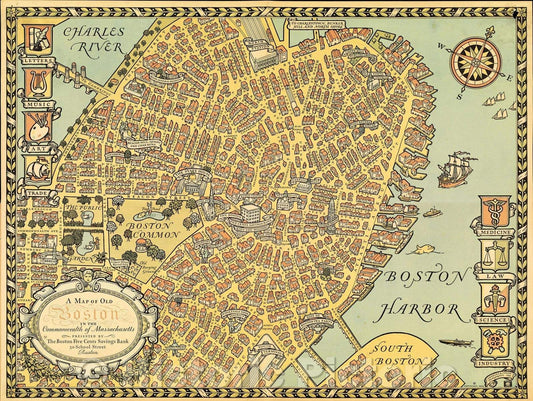 Historic Map : A map of Old Boston in the Commonwealth of Massachusetts, 1929 , Vintage Wall Art