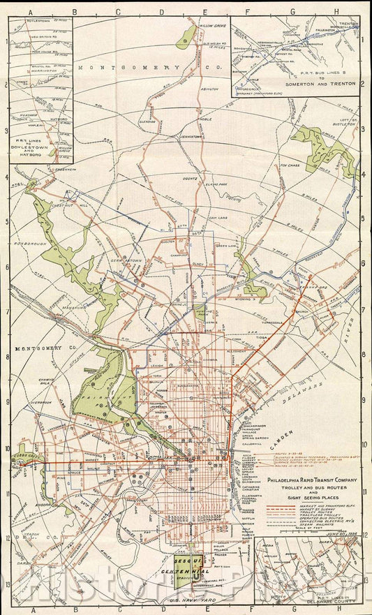 Historic Map : Trolley and bus routes and sight seeing places, 1926 , Vintage Wall Art