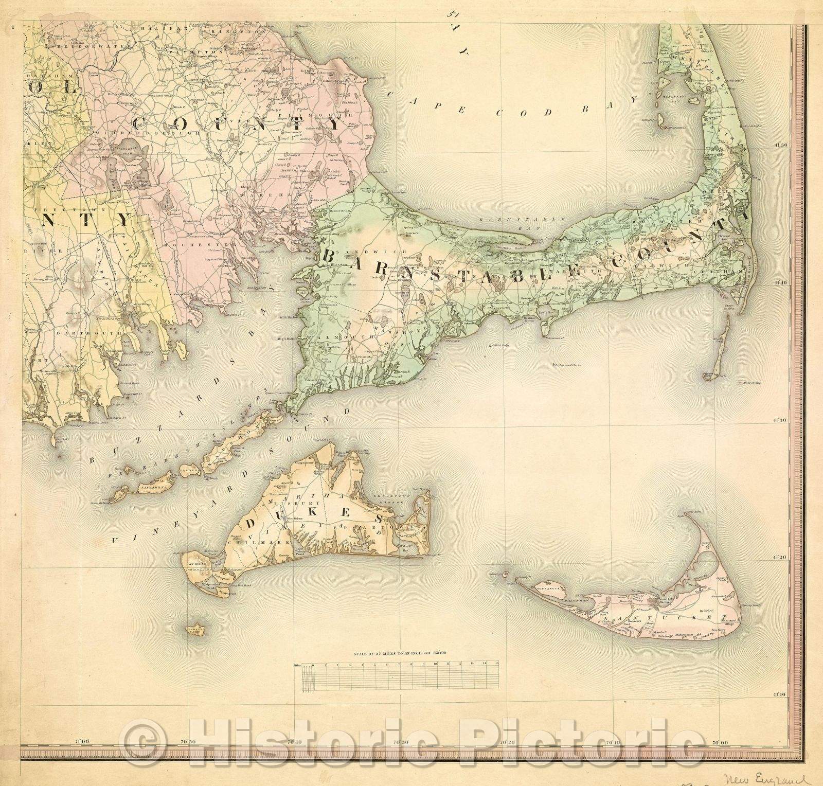 Historic Map : Topographical map of Massachusetts : compiled from astronomical, trigonometrical, and various local surveys, 1844 , Vintage Wall Art