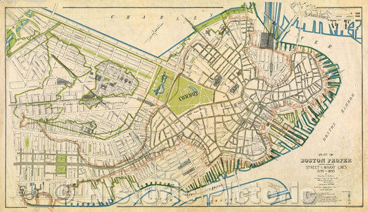 Historic Map : Plan of Boston proper : showing changes in street and wharf lines, 1795 to 1895, 1895 , Vintage Wall Art