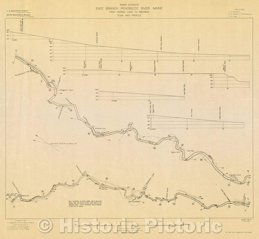 Historic Map : River Surveys : East Branch Penobscot River Maine, First Grand Lake to Medway, Plan and Profile, 1908 , Vintage Wall Art , v2
