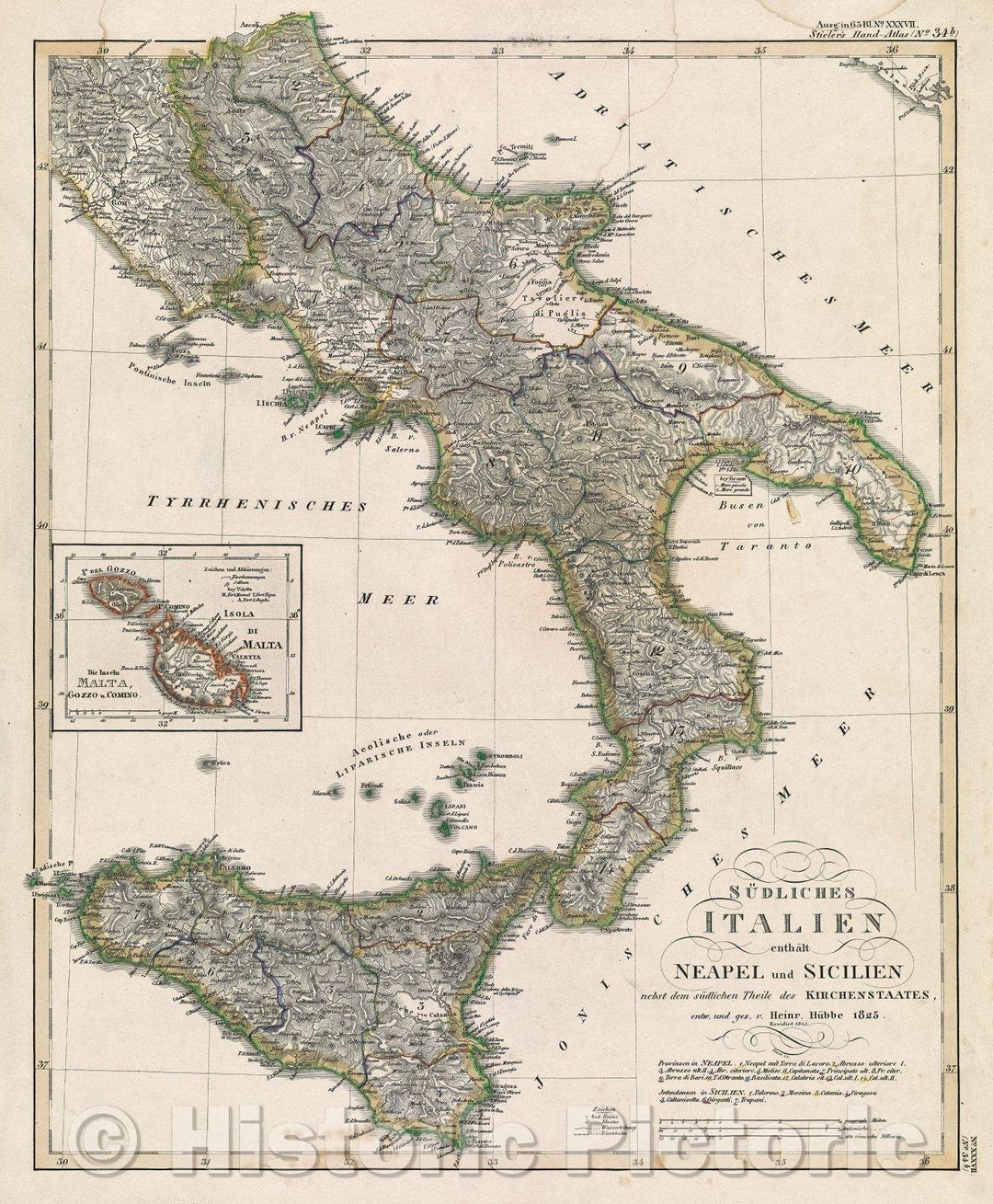 Historic Map : Su?dliches Italien : entha?lt Neapel und Sicilien nebst dem su?dlichen Theile des Kirchenstaats, 1845 , Vintage Wall Art