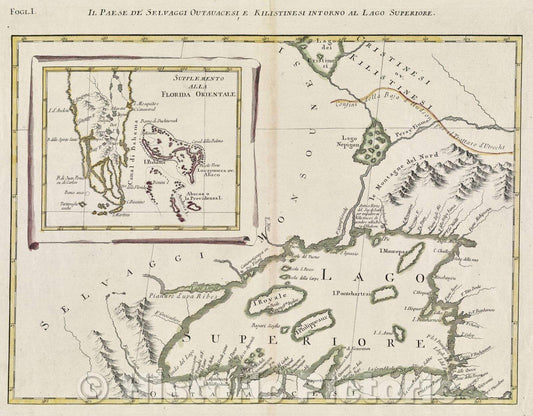 Historic Map : Il Paese de Selvaggi Outauacesi E Kilistinesi Intorno al Lago Superiore, 1785 , Vintage Wall Art