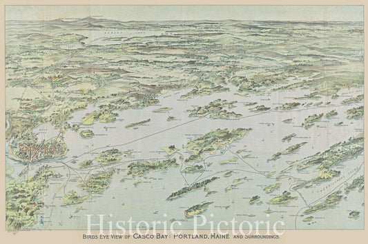Historic Map : Birds Eye View of Casco Bay: Portland, Maine and Surroundings, 1905 , Vintage Wall Art