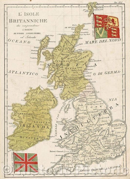 Historic Map : L'Isole Britanniche che comprendo I Regni di Scozia Inghilterra ed Irlanda, c. 1839 , Vintage Wall Art