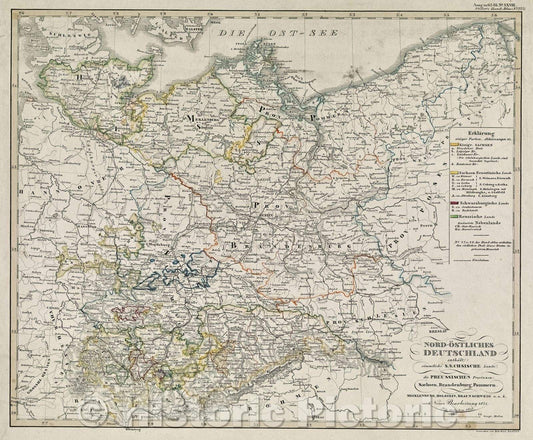 Historic Map : Nord-Osliches Deutschland enthalt: sammtliche Saechsische Lande, die Preussischen Provinzen: Sachsen, Brandenburg, Pommern. Mecklenburg, Holstein, 1843 , Vintage Wall Art