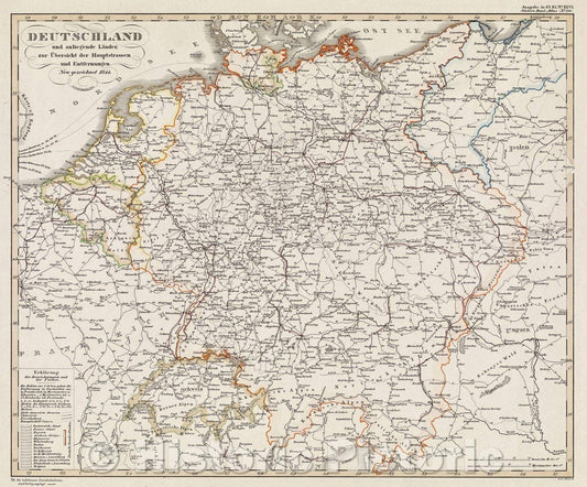 Historic Map : Deutschland und anliegende Lander, zur ubersicht der Hhauptestrassen und entfernungen, 1846 , Vintage Wall Art