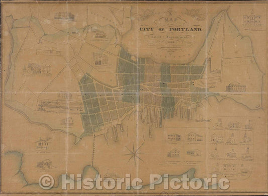 Historic Map : A Map of the City of Portland with its Latest Improvements including a view of the principal buildings engraved and published by John Cullum, Portland, 1836 , Vintage Wall Art