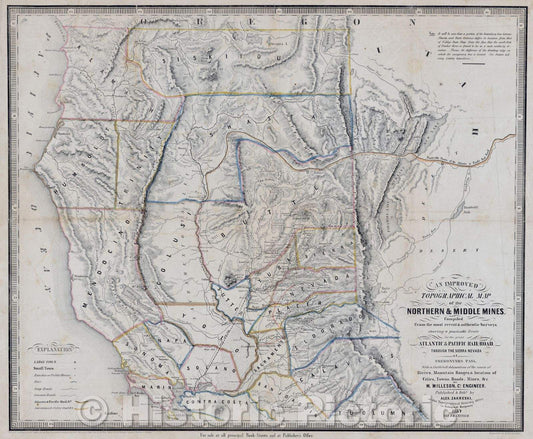 Historic Map : An improved topographical map of the northern and middle mines of California : , 1854 , Vintage Wall Art