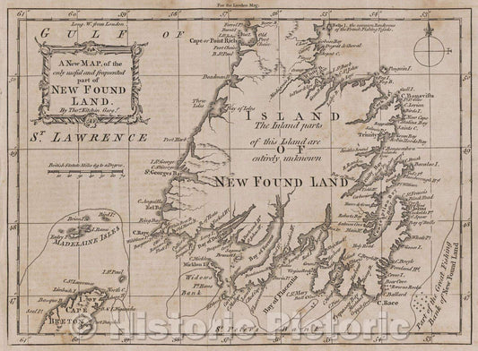 Historic Map : A New Map of the only useful and frequented part of New Found Land by Thos. Kitchin, Geogr., 1762 , Vintage Wall Art