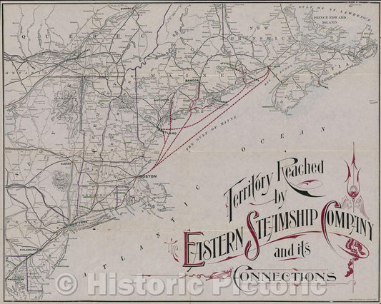 Historic Map : Territory Reached by the Eastern Steamship Company and its Connections, c. 1906 , Vintage Wall Art