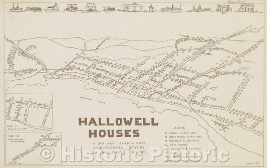 Historic Map : Hallowell Houses : a 1968 map symbolizing architectural styles in Hallowell, Maine, 1968 , Vintage Wall Art