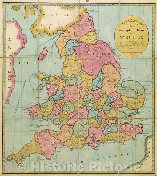 Historic Map : Middleton's New Geographical Game of a tour through England and Wales, Vintage Wall Art