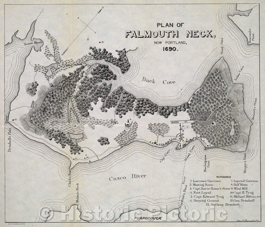 Historic Map : The Siege and Capture of Fort Loyall : Destruction of Falmouth, May 20, 1690 (o.s.), a paper read before the Maine Genealogical Society, 1690 , Vintage Wall Art