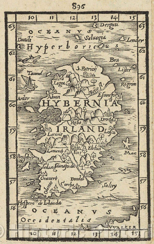 Historic Map : Hybernia Irland, 1561 , Vintage Wall Art