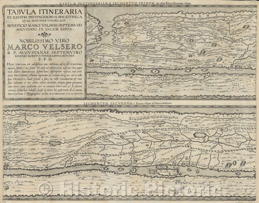 Historic Map : Tabula Itineraria ex Illustri Peutingerorum Bibliotheca quae Augustae Vindel. est beneficio Marci Velseri Septemviri Augustani in Lucem Edita..., c. 1609 , Vintage Wall Art