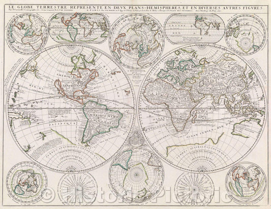 Historic Map : Le globe Terrestre Represente en Deux Plans - Hemishperes et en Diverses Autres Figures. Par P. Coronelli Cosmographe, etc. Corrige' et augmente, 1690 , Vintage Wall Art
